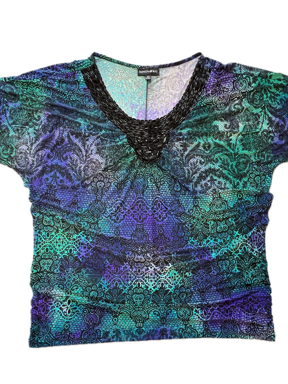 Fashion Bug Vintage Y2K Women's Teal Blue Purple Beaded Patterned Scoop Neck Top